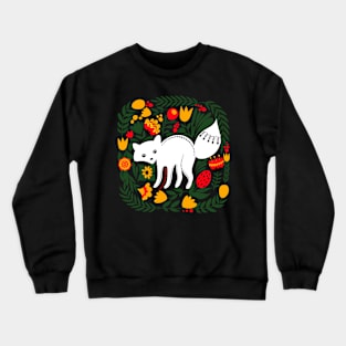 Folk Art White Fox with Bright Flowers and Leaves Crewneck Sweatshirt